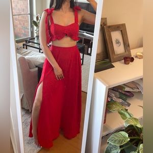 Shein two piece red flowy side leg slit dress